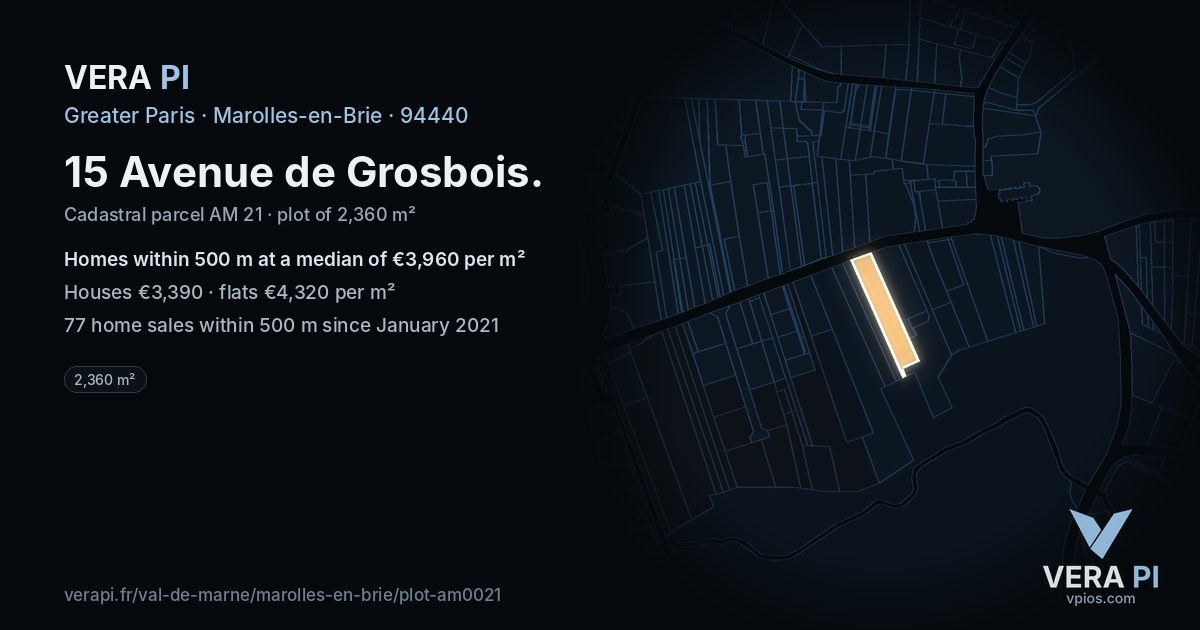 15 Avenue de Grosbois, Marolles-en-Brie at night – the plot lit, the parcels around coloured by the prices near them