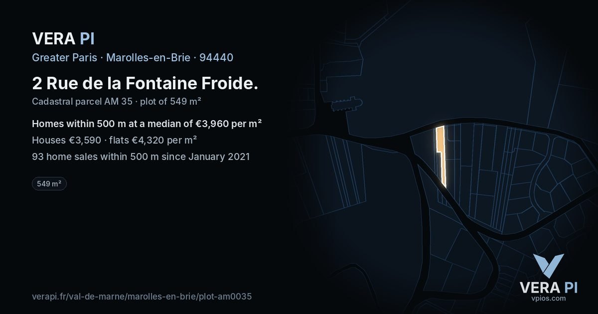 2 Rue de la Fontaine Froide, Marolles-en-Brie at night – the plot lit, the parcels around coloured by the prices near them