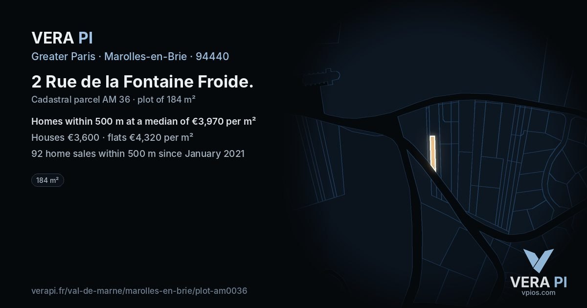 2 Rue de la Fontaine Froide, Marolles-en-Brie at night – the plot lit, the parcels around coloured by the prices near them
