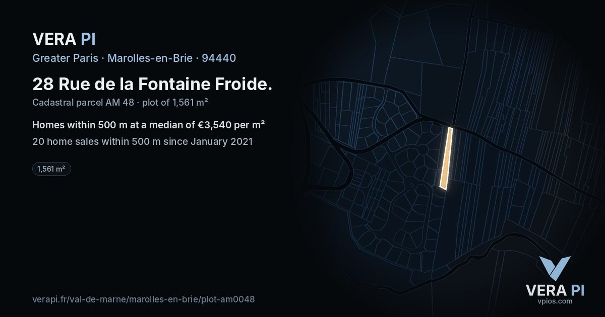 28 Rue de la Fontaine Froide, Marolles-en-Brie at night – the plot lit, the parcels around coloured by the prices near them