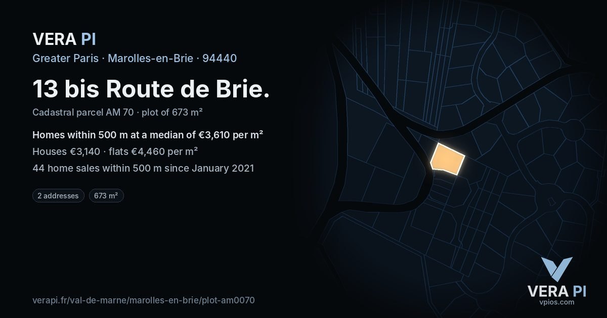 13 bis Route de Brie, Marolles-en-Brie at night – the plot lit, the parcels around coloured by the prices near them