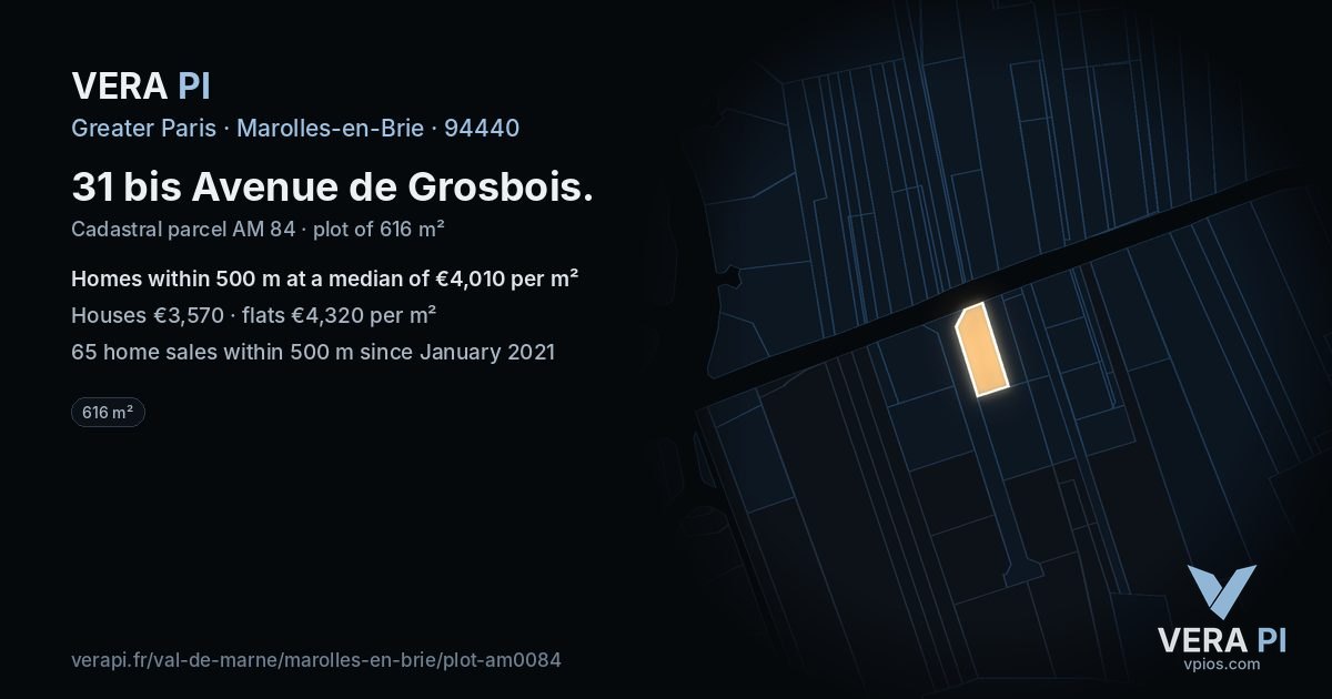 31 bis Avenue de Grosbois, Marolles-en-Brie at night – the plot lit, the parcels around coloured by the prices near them