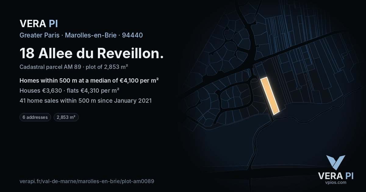 18 Allee du Reveillon, Marolles-en-Brie at night – the plot lit, the parcels around coloured by the prices near them