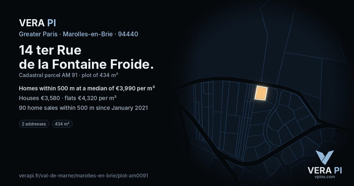 14 ter Rue de la Fontaine Froide, Marolles-en-Brie at night – the plot lit, the parcels around coloured by the prices near them