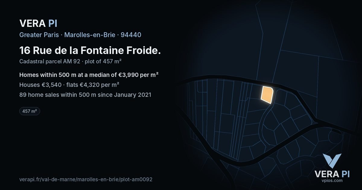 16 Rue de la Fontaine Froide, Marolles-en-Brie at night – the plot lit, the parcels around coloured by the prices near them