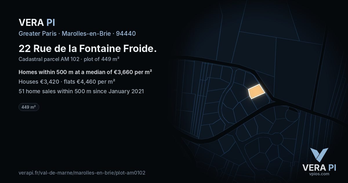 22 Rue de la Fontaine Froide, Marolles-en-Brie at night – the plot lit, the parcels around coloured by the prices near them