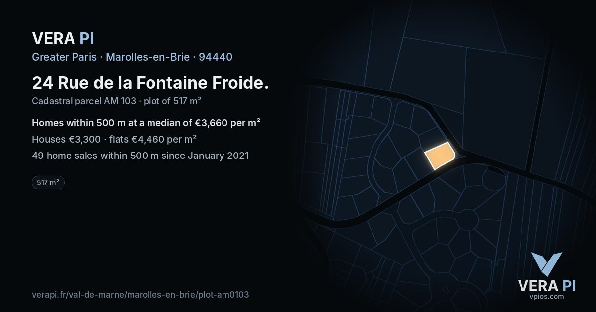 24 Rue de la Fontaine Froide, Marolles-en-Brie at night – the plot lit, the parcels around coloured by the prices near them