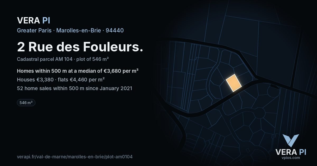 2 Rue des Fouleurs, Marolles-en-Brie at night – the plot lit, the parcels around coloured by the prices near them
