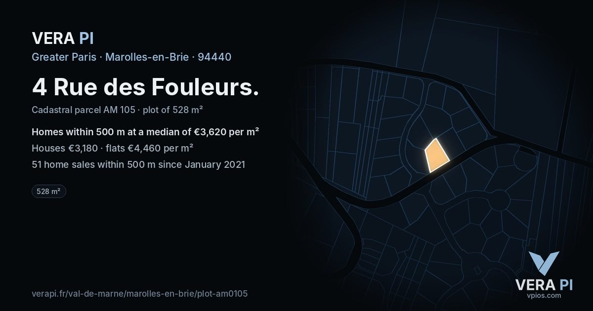 4 Rue des Fouleurs, Marolles-en-Brie at night – the plot lit, the parcels around coloured by the prices near them