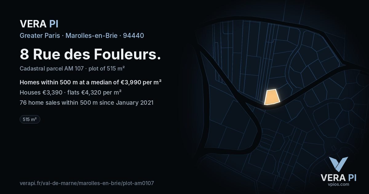 8 Rue des Fouleurs, Marolles-en-Brie at night – the plot lit, the parcels around coloured by the prices near them