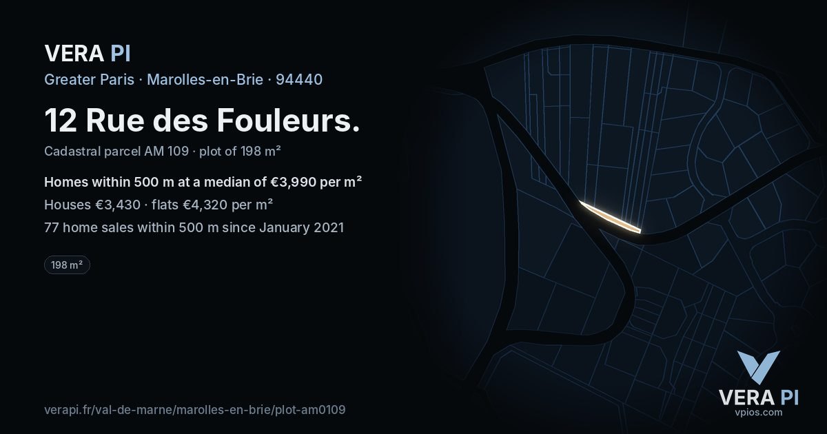12 Rue des Fouleurs, Marolles-en-Brie at night – the plot lit, the parcels around coloured by the prices near them