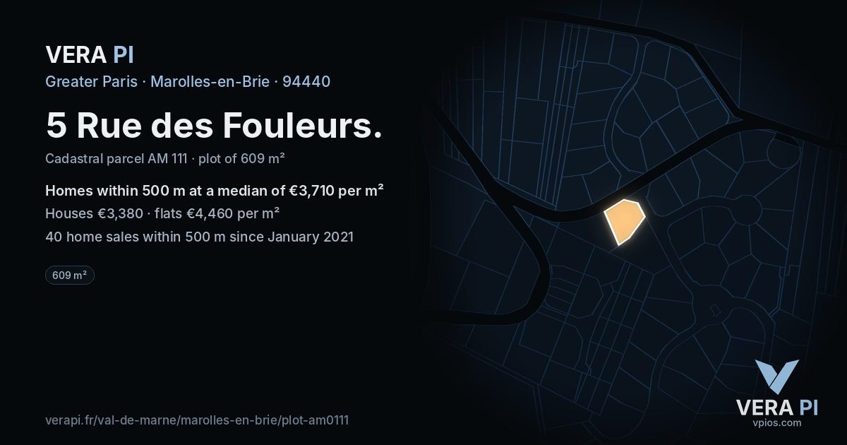 5 Rue des Fouleurs, Marolles-en-Brie at night – the plot lit, the parcels around coloured by the prices near them