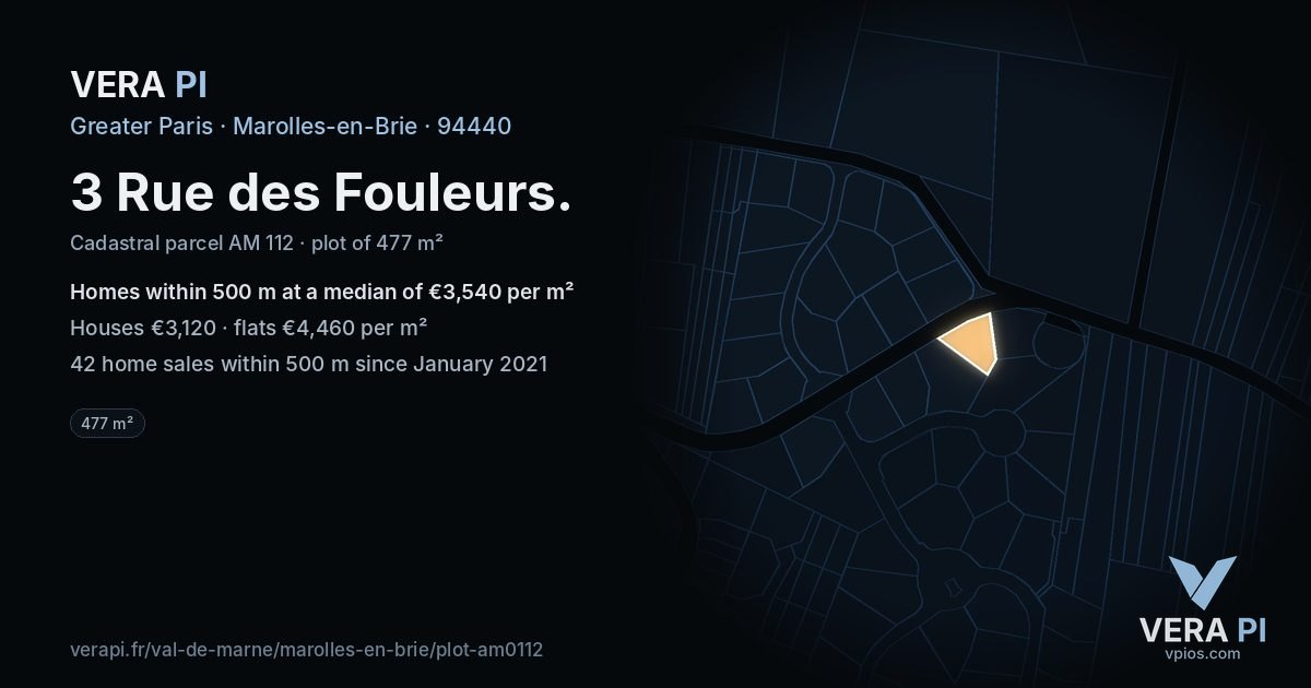 3 Rue des Fouleurs, Marolles-en-Brie at night – the plot lit, the parcels around coloured by the prices near them