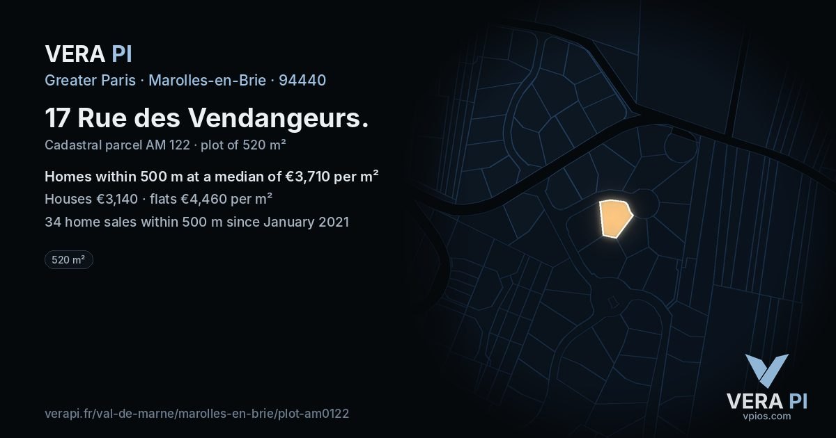 17 Rue des Vendangeurs, Marolles-en-Brie at night – the plot lit, the parcels around coloured by the prices near them