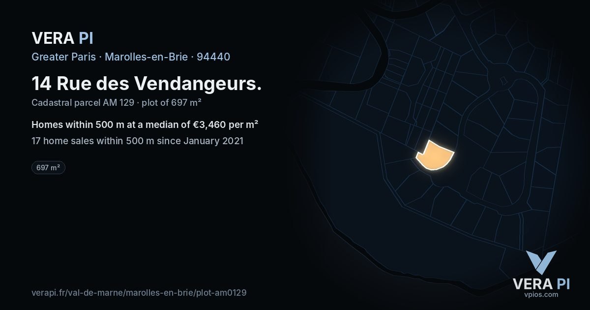 14 Rue des Vendangeurs, Marolles-en-Brie at night – the plot lit, the parcels around coloured by the prices near them