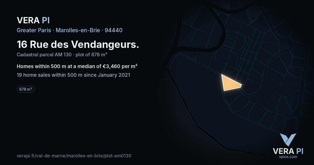 16 Rue des Vendangeurs, Marolles-en-Brie at night – the plot lit, the parcels around coloured by the prices near them