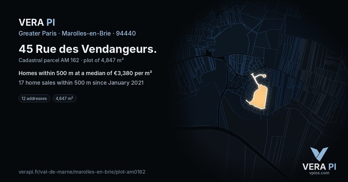 45 Rue des Vendangeurs, Marolles-en-Brie at night – the plot lit, the parcels around coloured by the prices near them