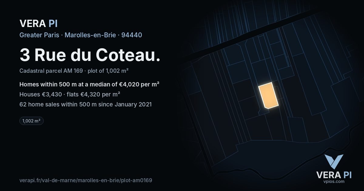 3 Rue du Coteau, Marolles-en-Brie at night – the plot lit, the parcels around coloured by the prices near them