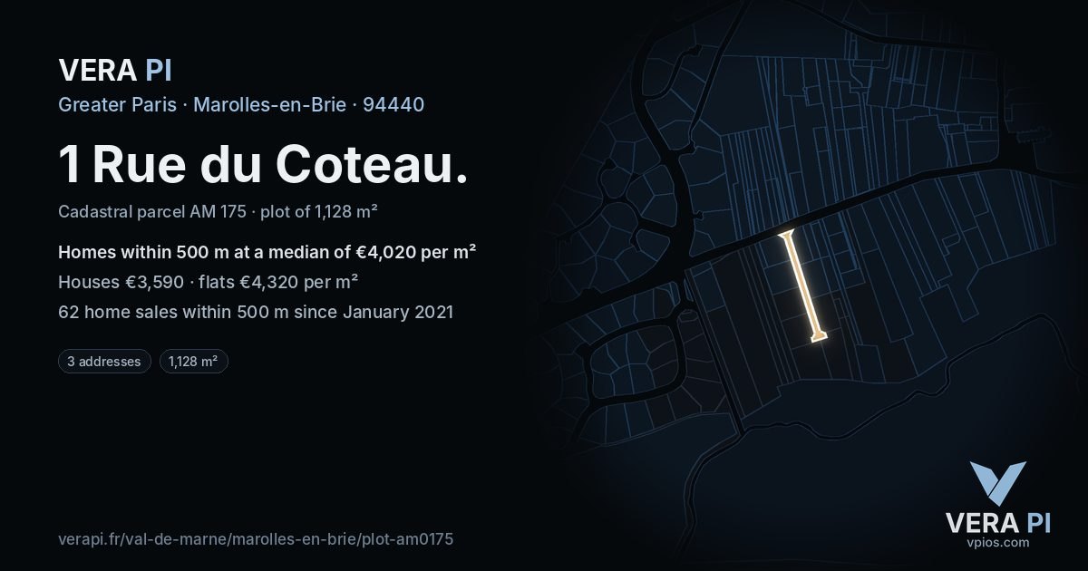 1 Rue du Coteau, Marolles-en-Brie at night – the plot lit, the parcels around coloured by the prices near them