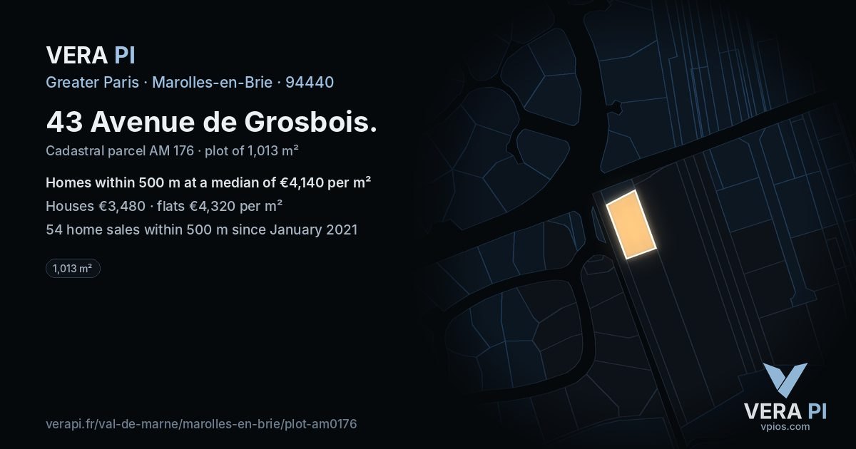 43 Avenue de Grosbois, Marolles-en-Brie at night – the plot lit, the parcels around coloured by the prices near them