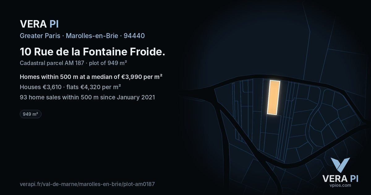 10 Rue de la Fontaine Froide, Marolles-en-Brie at night – the plot lit, the parcels around coloured by the prices near them