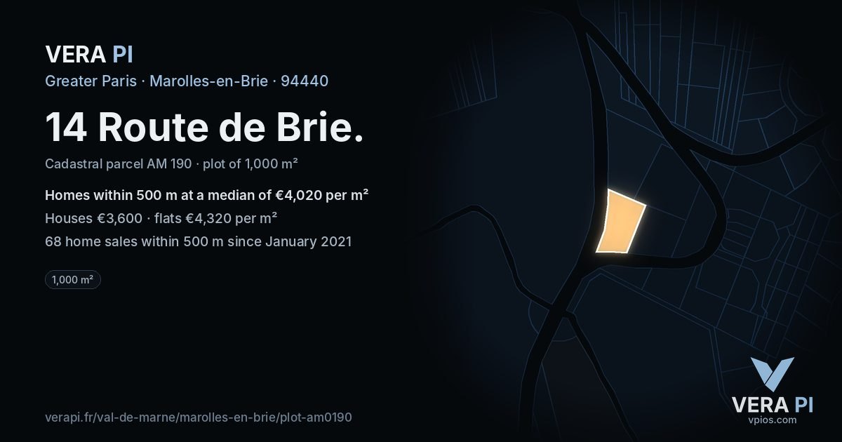 14 Route de Brie, Marolles-en-Brie at night – the plot lit, the parcels around coloured by the prices near them