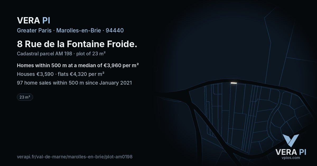 8 Rue de la Fontaine Froide, Marolles-en-Brie at night – the plot lit, the parcels around coloured by the prices near them