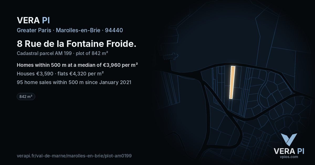 8 Rue de la Fontaine Froide, Marolles-en-Brie at night – the plot lit, the parcels around coloured by the prices near them