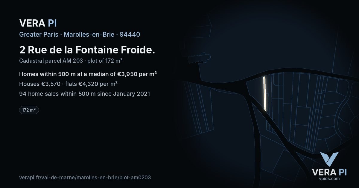 2 Rue de la Fontaine Froide, Marolles-en-Brie at night – the plot lit, the parcels around coloured by the prices near them