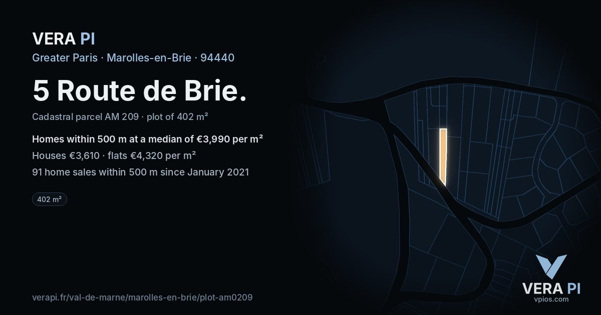5 Route de Brie, Marolles-en-Brie at night – the plot lit, the parcels around coloured by the prices near them