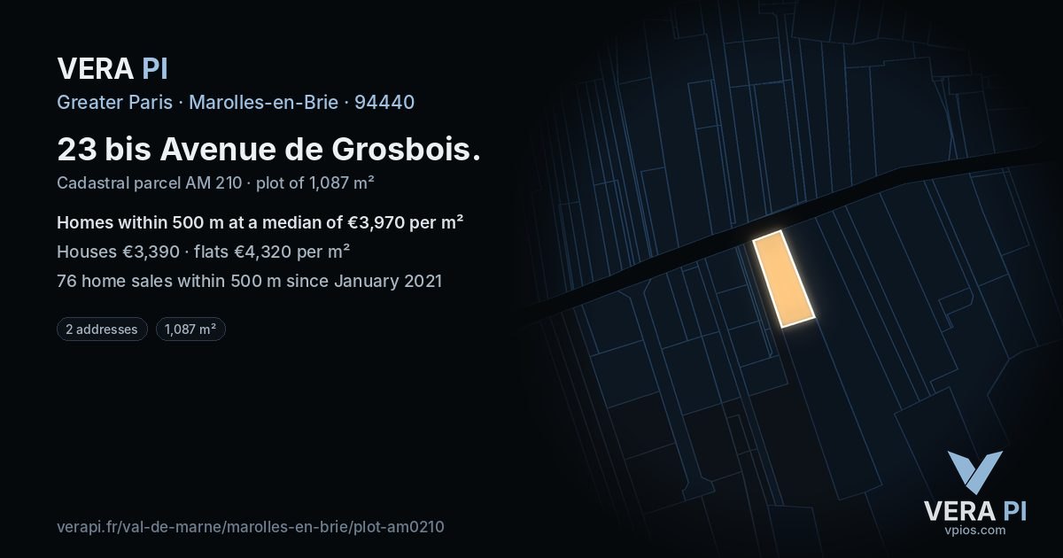 23 bis Avenue de Grosbois, Marolles-en-Brie at night – the plot lit, the parcels around coloured by the prices near them