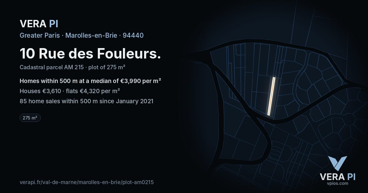 10 Rue des Fouleurs, Marolles-en-Brie at night – the plot lit, the parcels around coloured by the prices near them