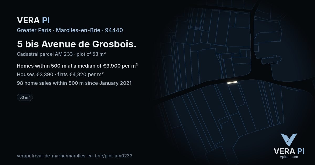 5 bis Avenue de Grosbois, Marolles-en-Brie at night – the plot lit, the parcels around coloured by the prices near them