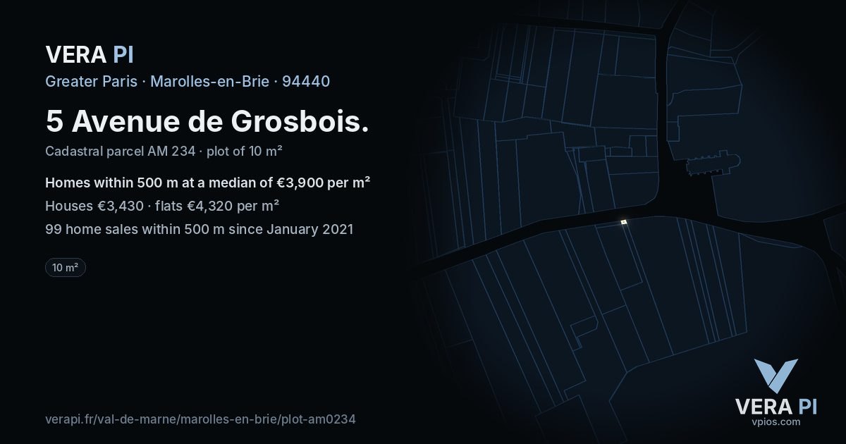5 Avenue de Grosbois, Marolles-en-Brie at night – the plot lit, the parcels around coloured by the prices near them