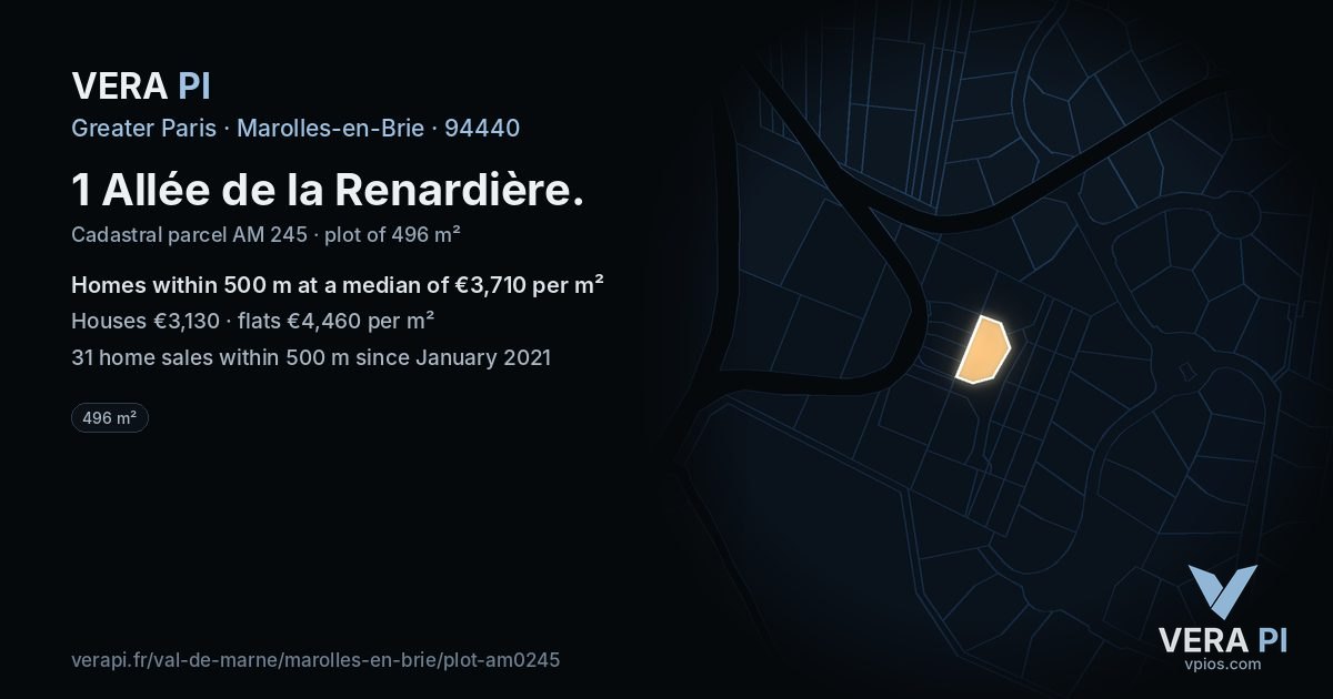 1 Allée de la Renardière, Marolles-en-Brie at night – the plot lit, the parcels around coloured by the prices near them