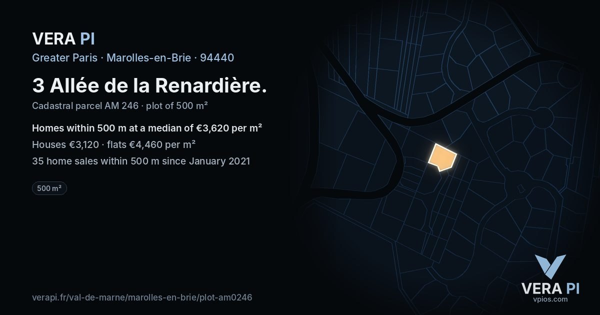 3 Allée de la Renardière, Marolles-en-Brie at night – the plot lit, the parcels around coloured by the prices near them