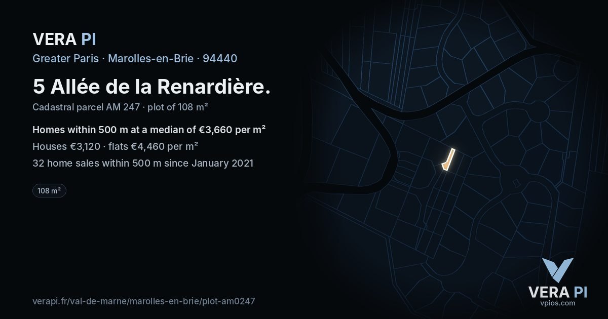 5 Allée de la Renardière, Marolles-en-Brie at night – the plot lit, the parcels around coloured by the prices near them
