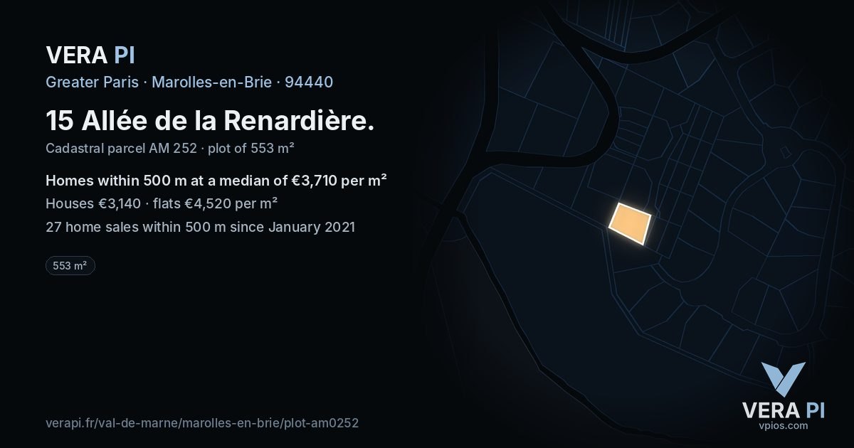 15 Allée de la Renardière, Marolles-en-Brie at night – the plot lit, the parcels around coloured by the prices near them