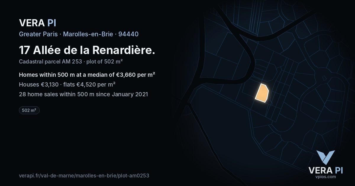 17 Allée de la Renardière, Marolles-en-Brie at night – the plot lit, the parcels around coloured by the prices near them