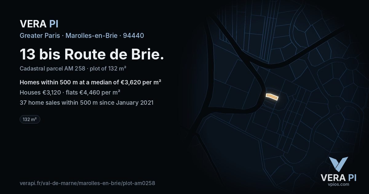 13 bis Route de Brie, Marolles-en-Brie at night – the plot lit, the parcels around coloured by the prices near them