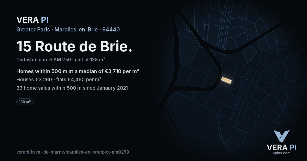 15 Route de Brie, Marolles-en-Brie at night – the plot lit, the parcels around coloured by the prices near them