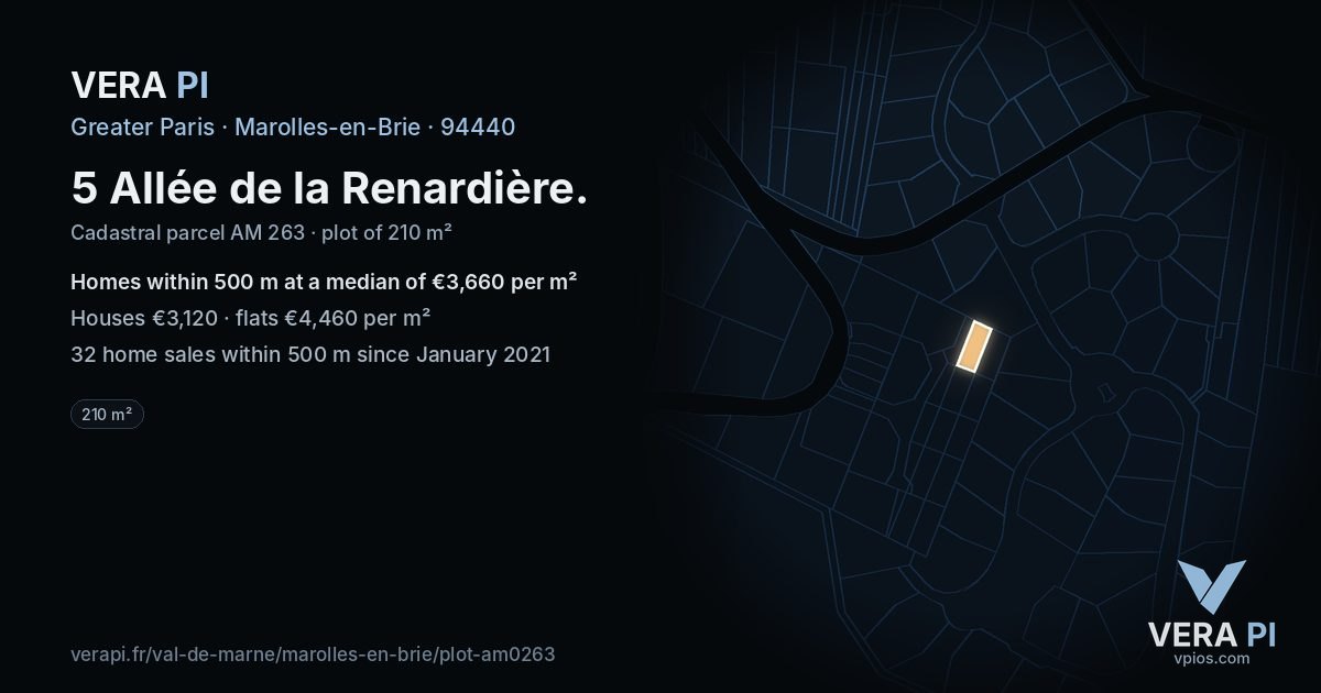 5 Allée de la Renardière, Marolles-en-Brie at night – the plot lit, the parcels around coloured by the prices near them