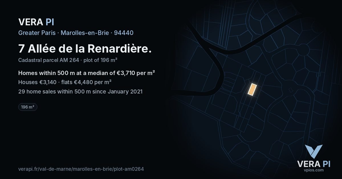 7 Allée de la Renardière, Marolles-en-Brie at night – the plot lit, the parcels around coloured by the prices near them
