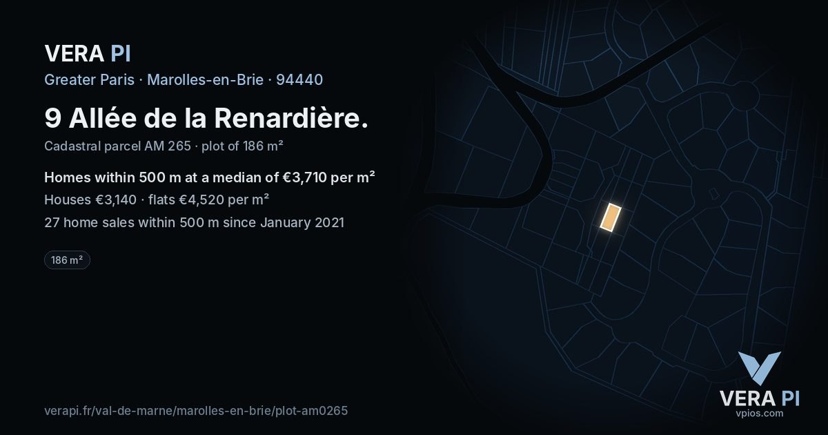 9 Allée de la Renardière, Marolles-en-Brie at night – the plot lit, the parcels around coloured by the prices near them