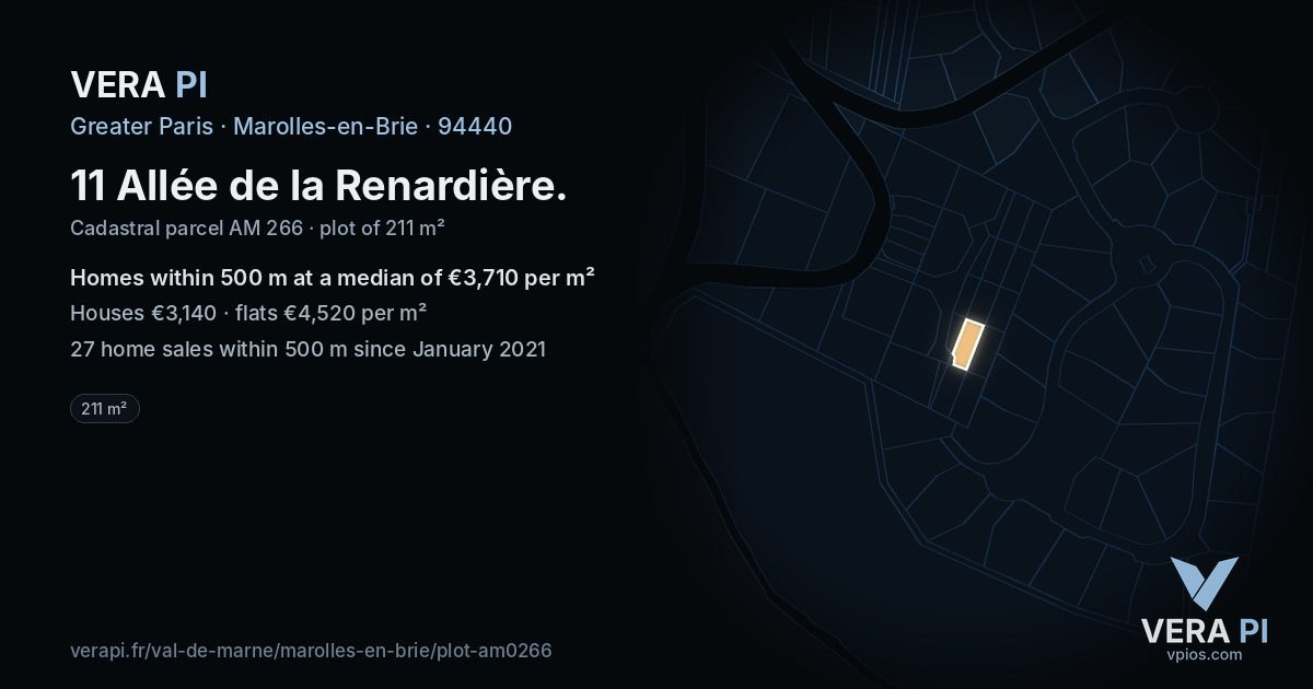 11 Allée de la Renardière, Marolles-en-Brie at night – the plot lit, the parcels around coloured by the prices near them