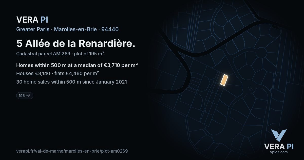 5 Allée de la Renardière, Marolles-en-Brie at night – the plot lit, the parcels around coloured by the prices near them
