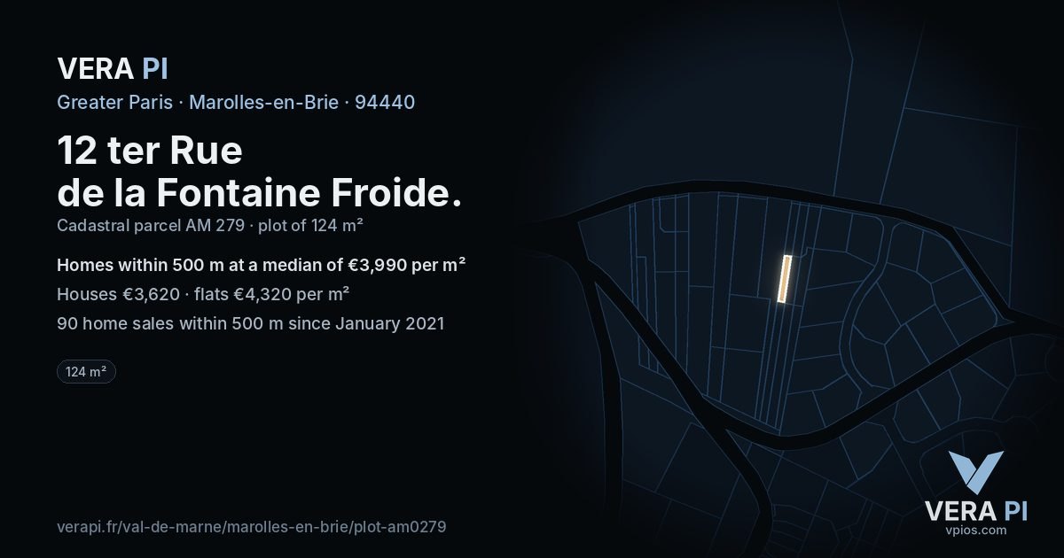 12 ter Rue de la Fontaine Froide, Marolles-en-Brie at night – the plot lit, the parcels around coloured by the prices near them