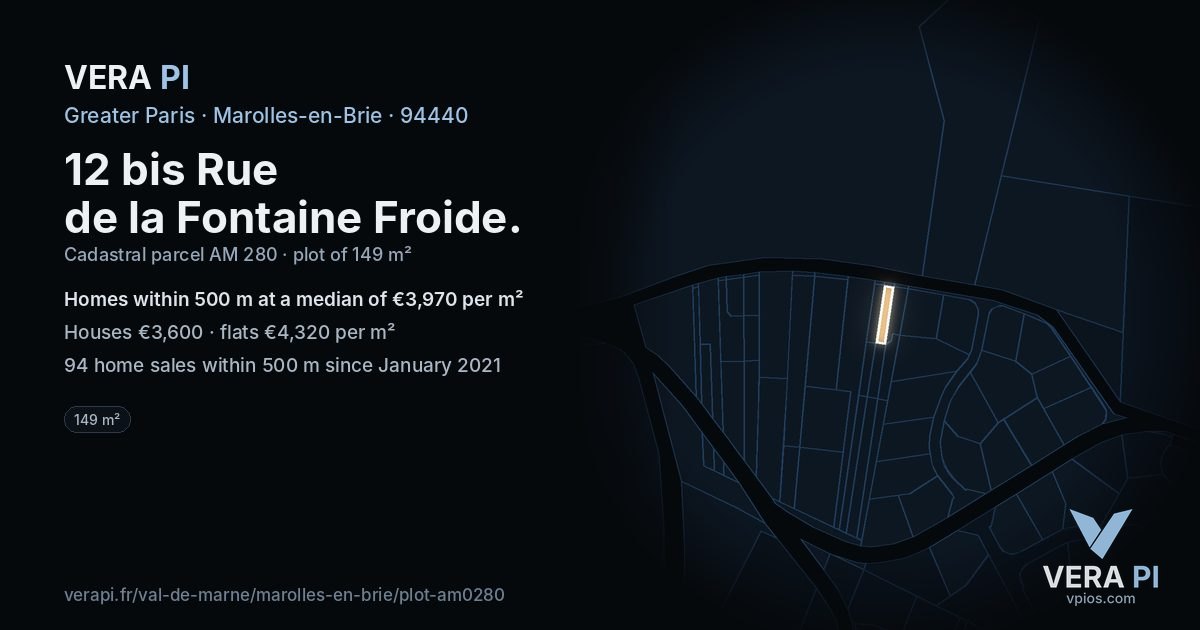 12 bis Rue de la Fontaine Froide, Marolles-en-Brie at night – the plot lit, the parcels around coloured by the prices near them