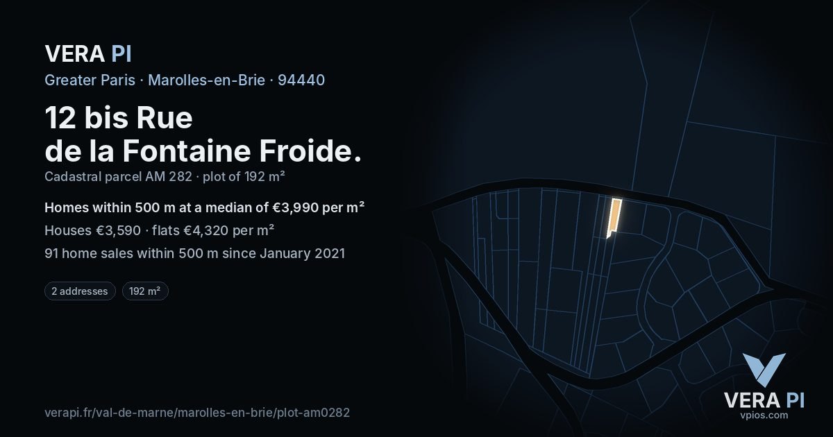 12 bis Rue de la Fontaine Froide, Marolles-en-Brie at night – the plot lit, the parcels around coloured by the prices near them