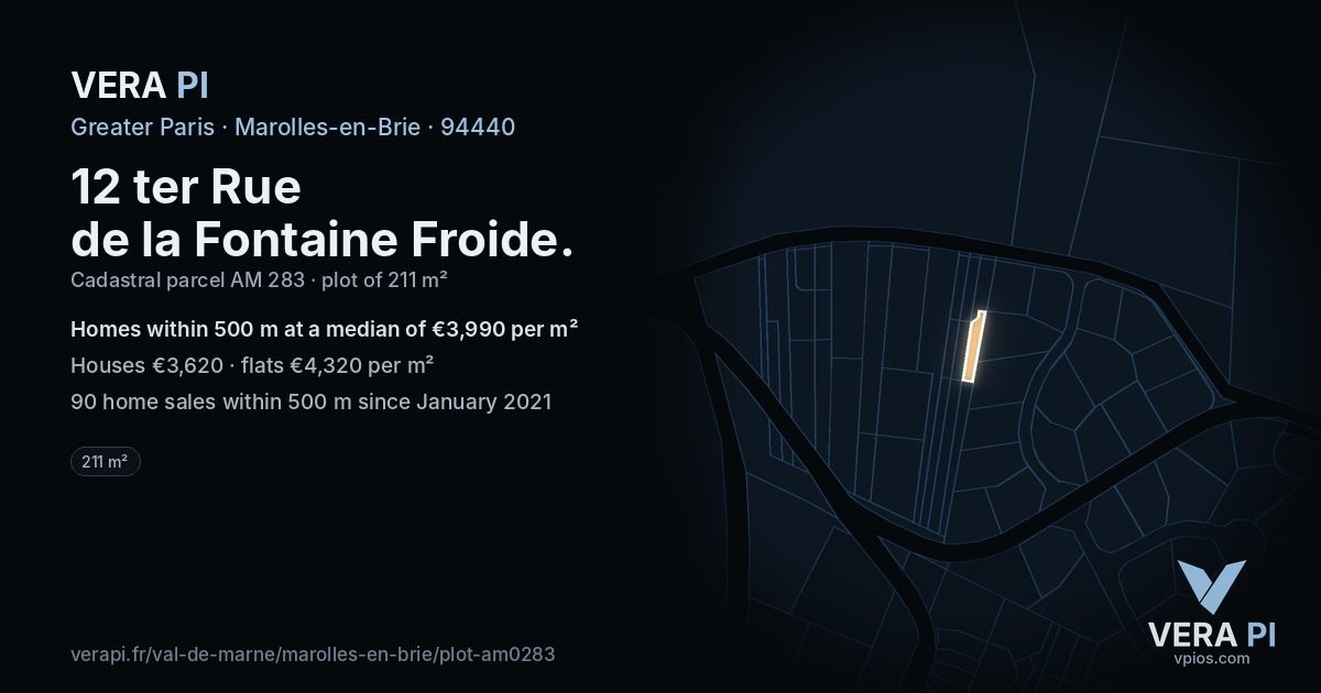 12 ter Rue de la Fontaine Froide, Marolles-en-Brie at night – the plot lit, the parcels around coloured by the prices near them